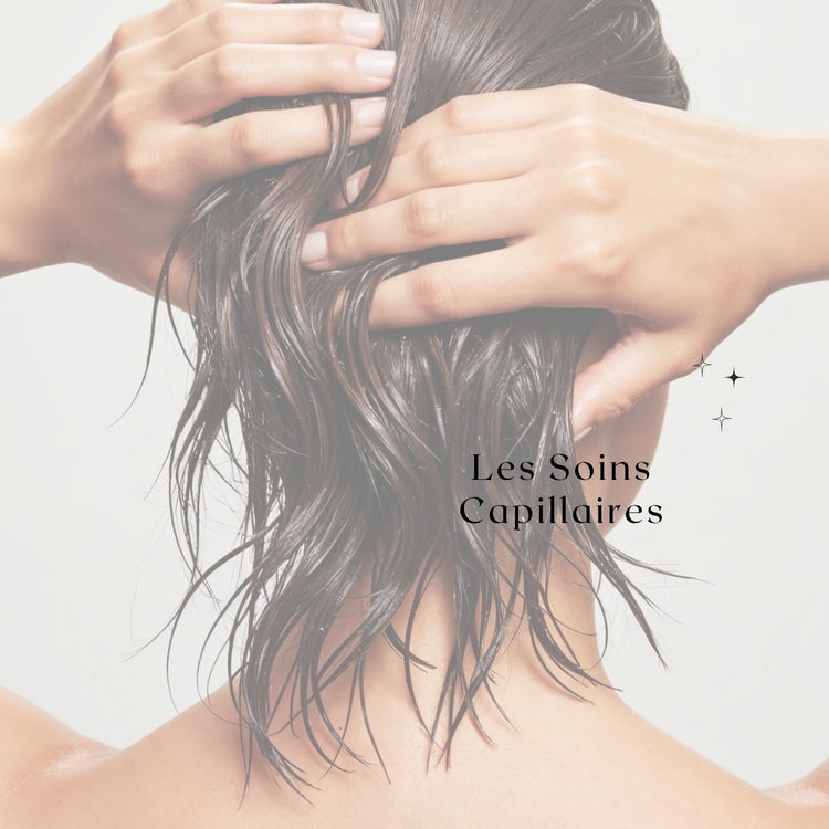 Image lumineuse montrant une personne vue de dos, les mains dans des cheveux humides et lisses, illustrant un moment de soin capillaire et de beauté naturelle.