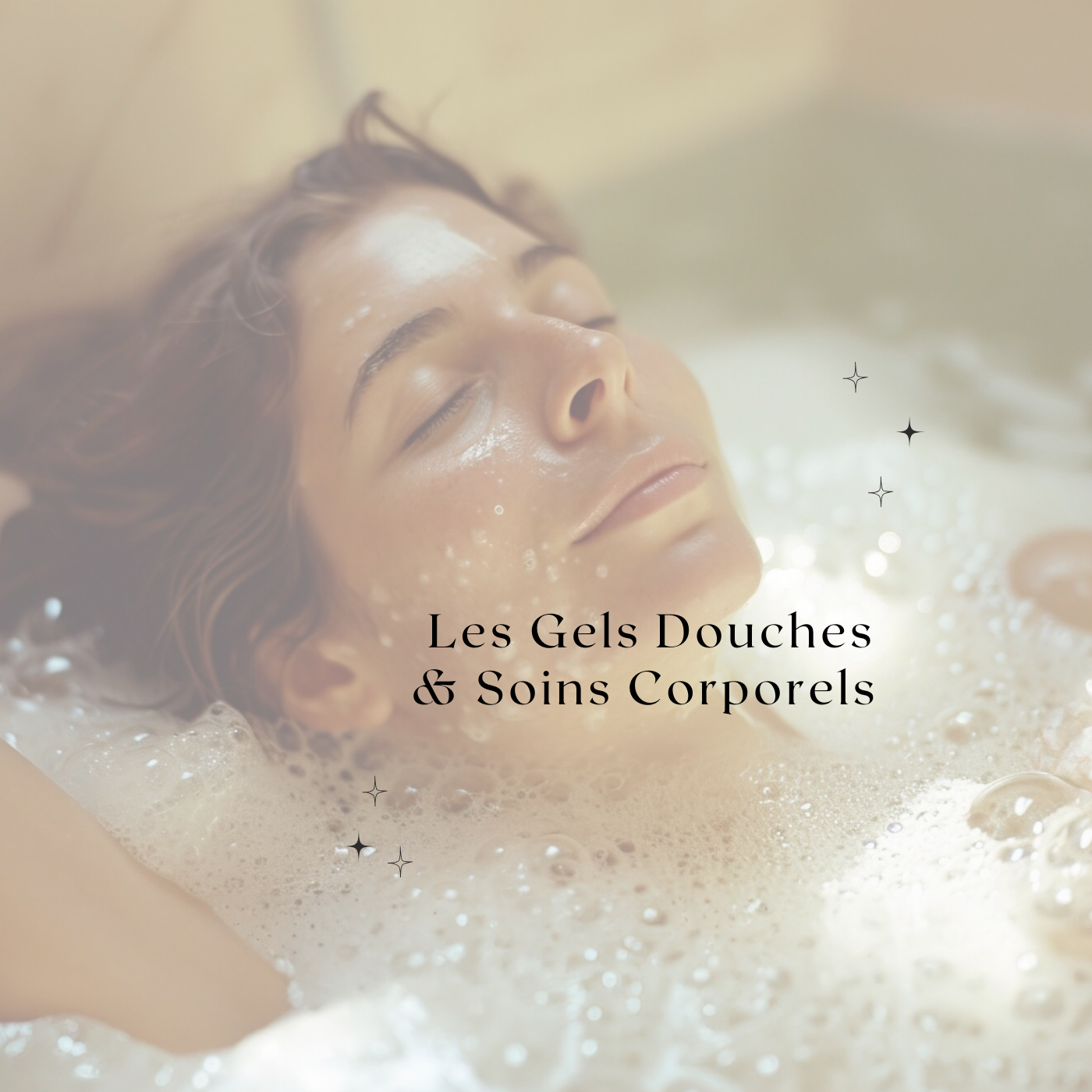 Image douce et apaisante montrant une personne allongée dans un bain moussant, entourée de bulles avec un éclairage tamisé et des étoiles scintillantes, évoquant un moment de détente et de bien-être pour le corps.